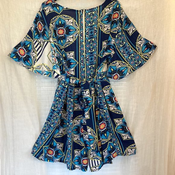 Boho Geometric Print Romper Flare Sleeve Short Jumpsuit Blue Red Turquoise Sz M - Picture 2 of 9